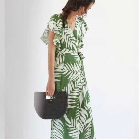 For Anthropologie by Hitch, Green Botanical Maxi Wrap Dress, Medium Petite - Picture 1 of 4